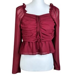 Vigoss Ruffle Chiffon Top Size Large Cherry Red Peplum Rushing Smocked Sheer